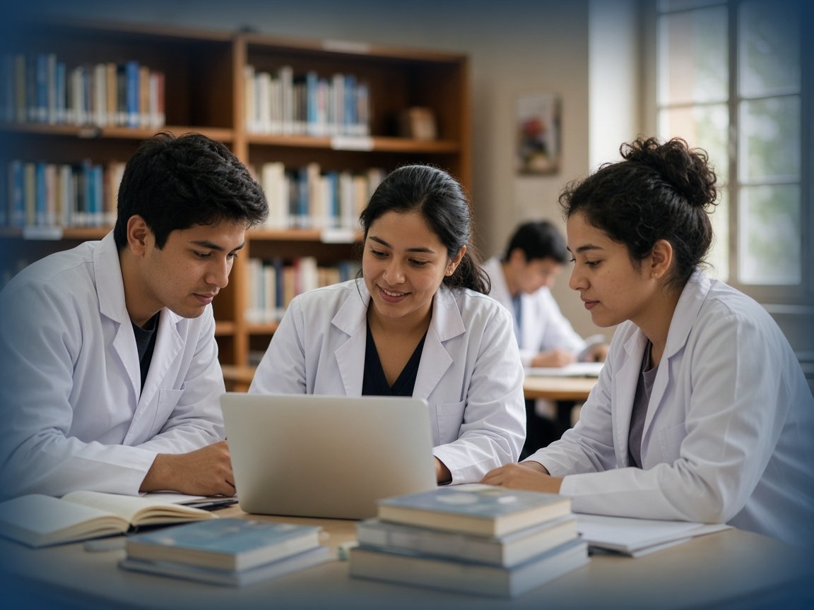 Estudiantes de medicina en una biblioteca universitaria modestamente equipada