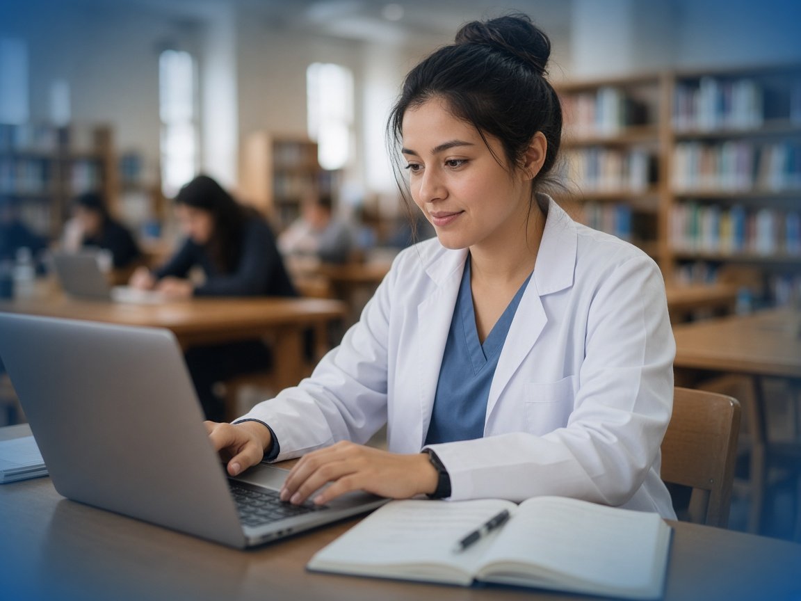 Estudiante de medicina consultando literatura de acceso abierto en un portátil