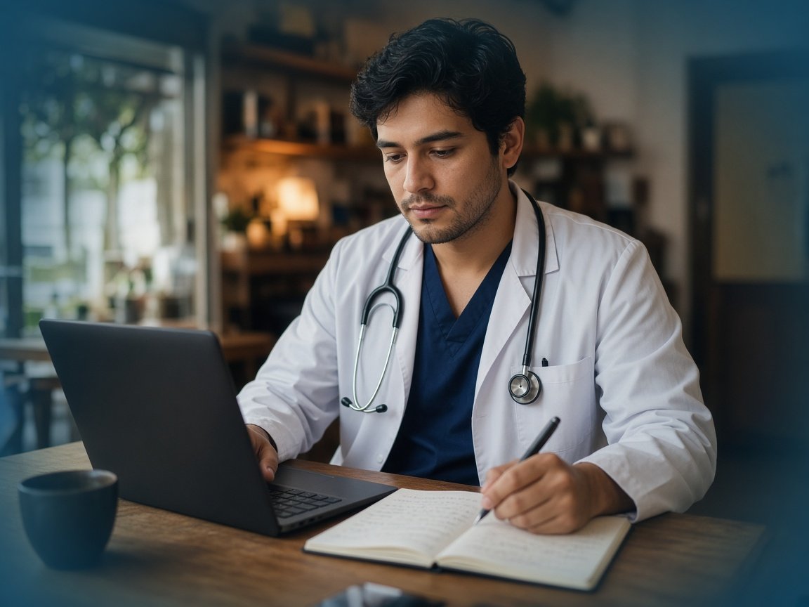 Médico residente trabajando con un portátil en un plan gratuito limitado