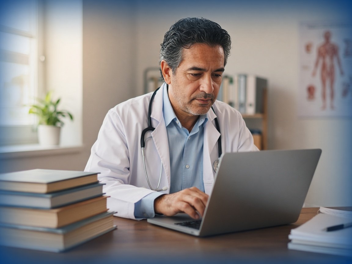 Médico consultando evidencia científica en un portátil durante la jornada clínica