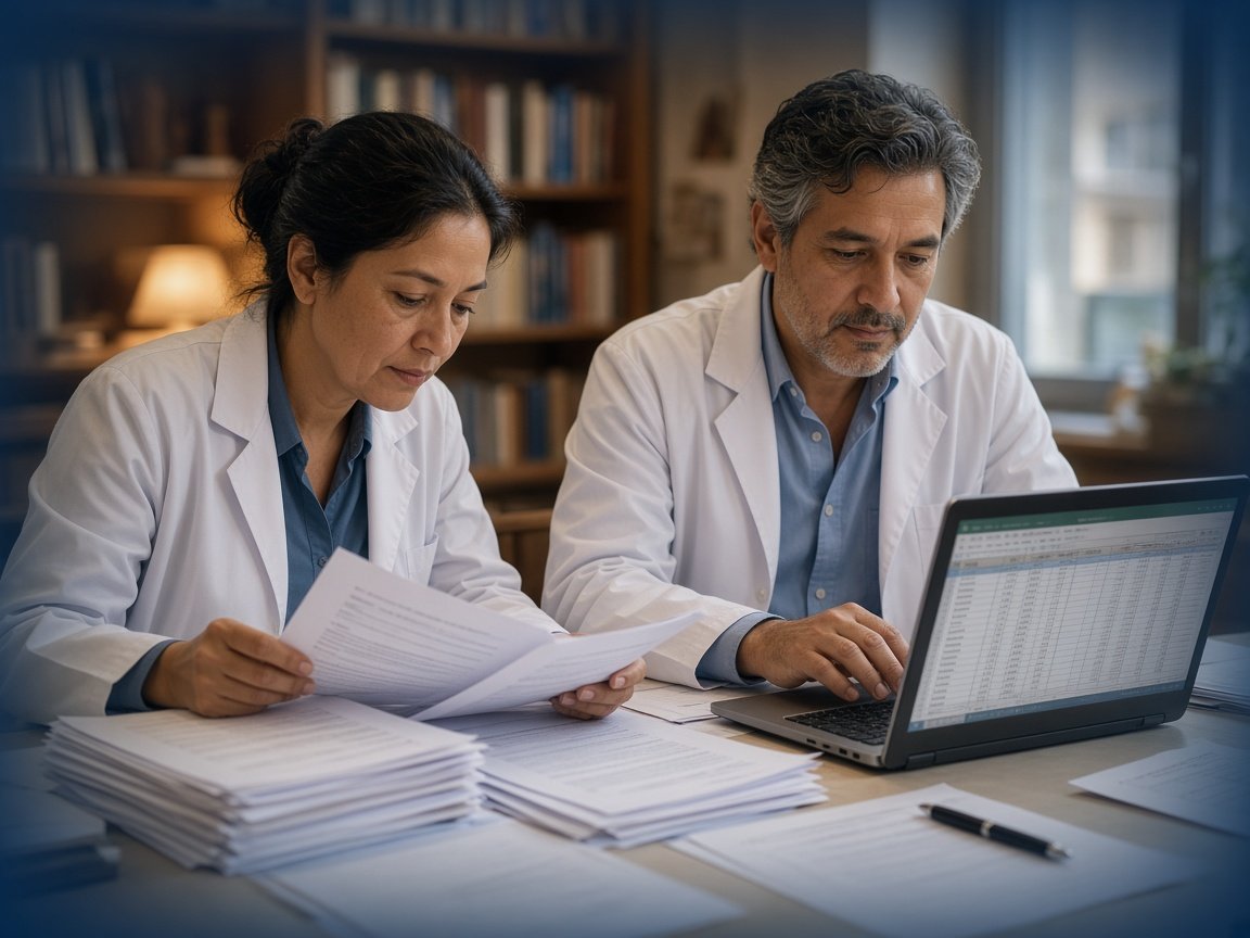 Equipo de investigación cribando artículos científicos para una revisión sistemática
