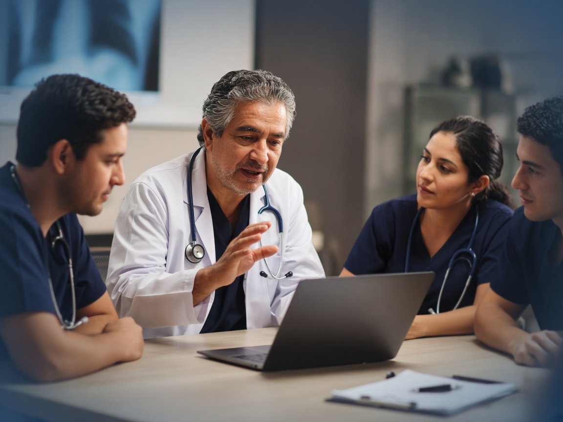 Médico y residentes discutiendo un caso clínico con apoyo digital