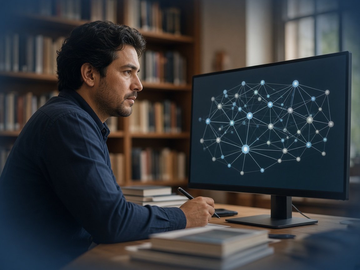 Investigador mapeando redes de citas científicas en un monitor