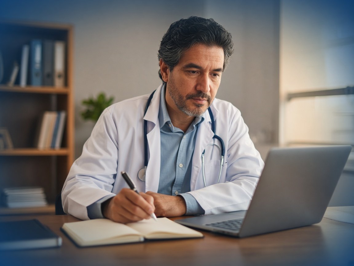 Médico evaluando opciones de herramientas con cuaderno y portátil