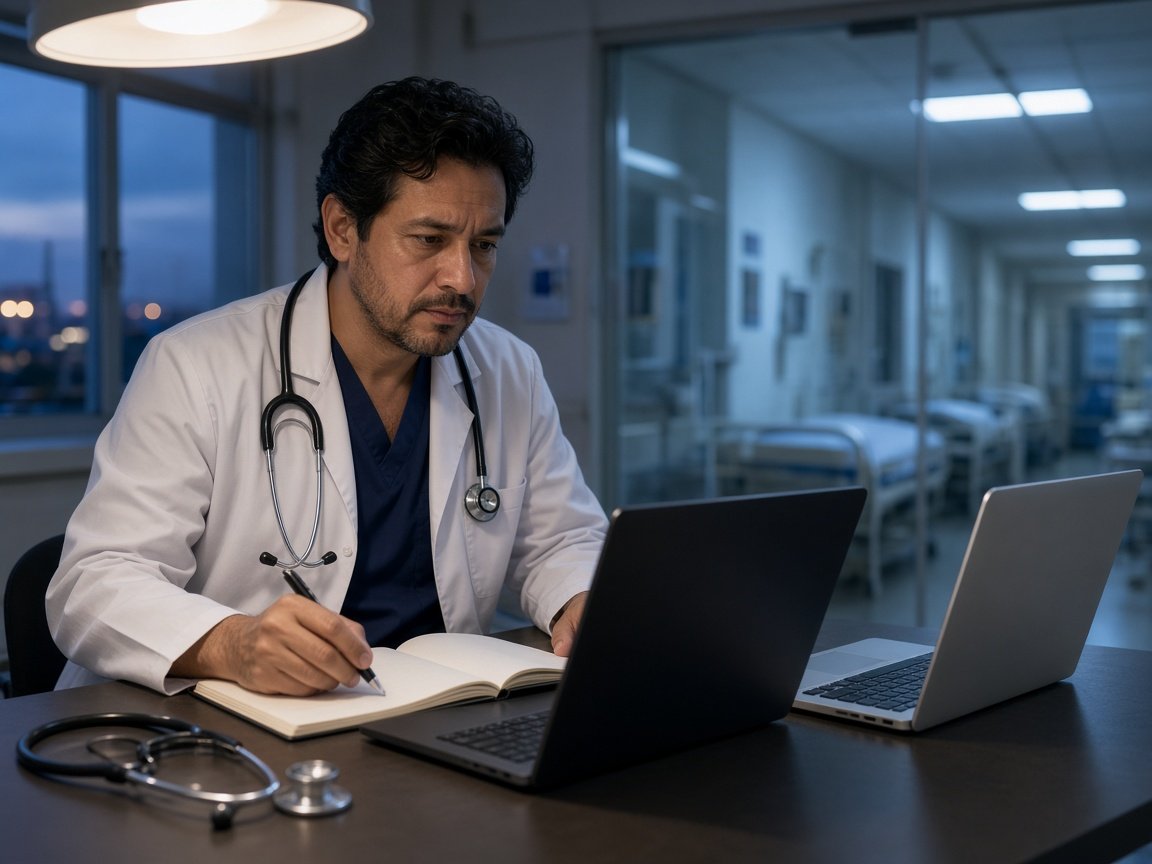 Médico sopesando qué herramienta clínica usar en el escritorio del hospital